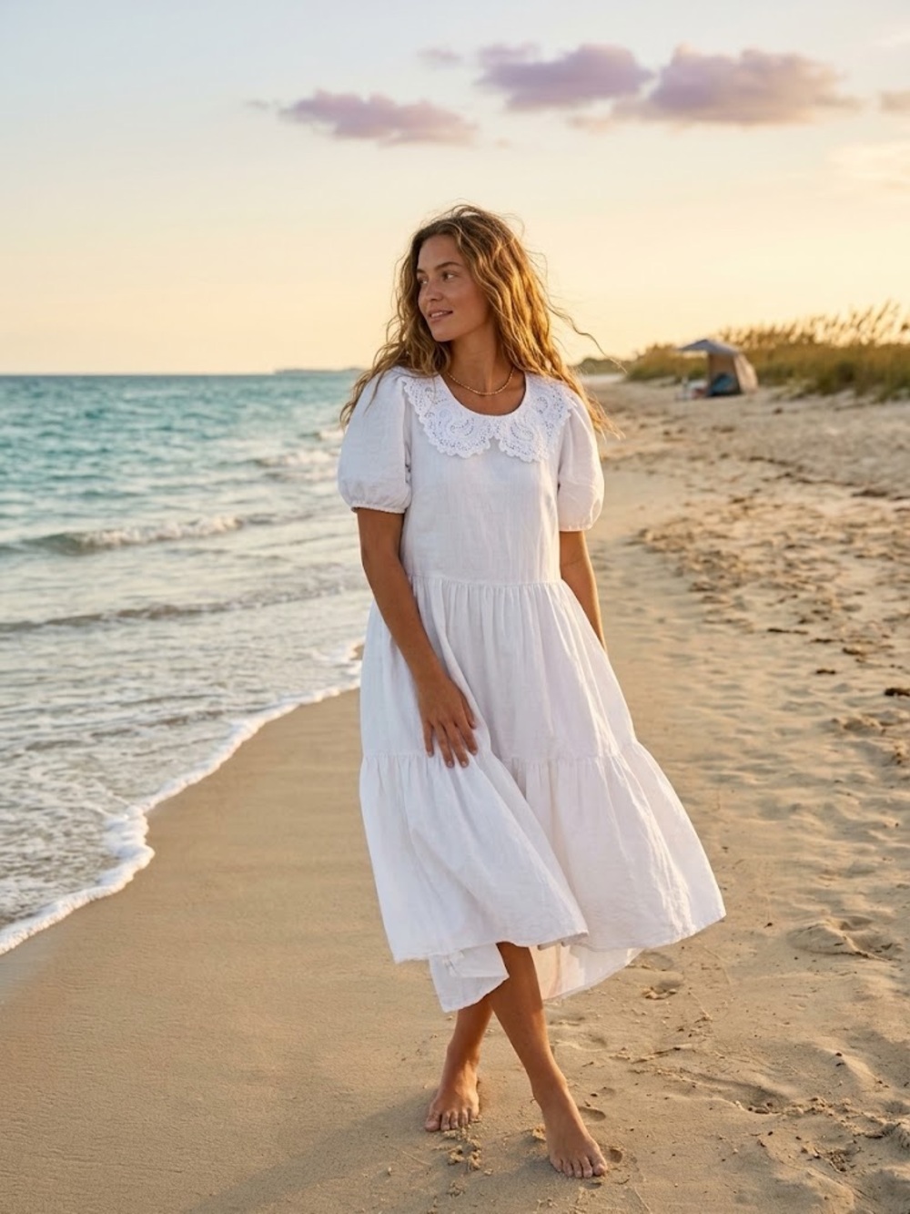 S Calista White Lace Collar Tiered High-Low Puff Sleeve Midi Dress